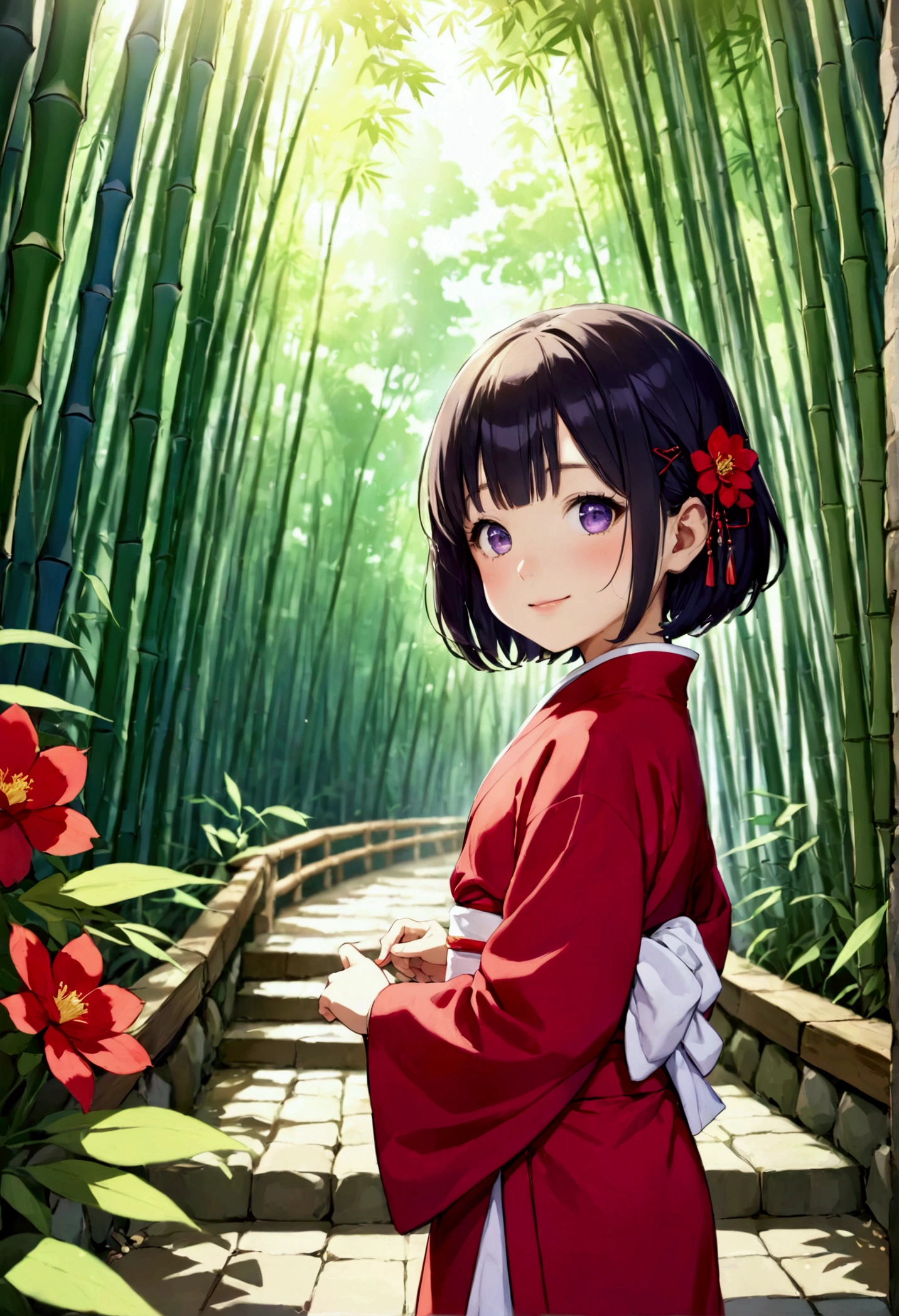 Flat Design,(masterpiece:1.2)、Written boundary depth、photograph、(Back Blur)、Distance、high quality、High resolution、Very detailed、((Very young))、9 year old Japanese girl、(cute)、Light purple eyes、Black Hair,Red kimono、((Semi-short hair))、straight、Close your mouth、Red flower hairpin、smile、bamboo forest、stone stage、Outdoor