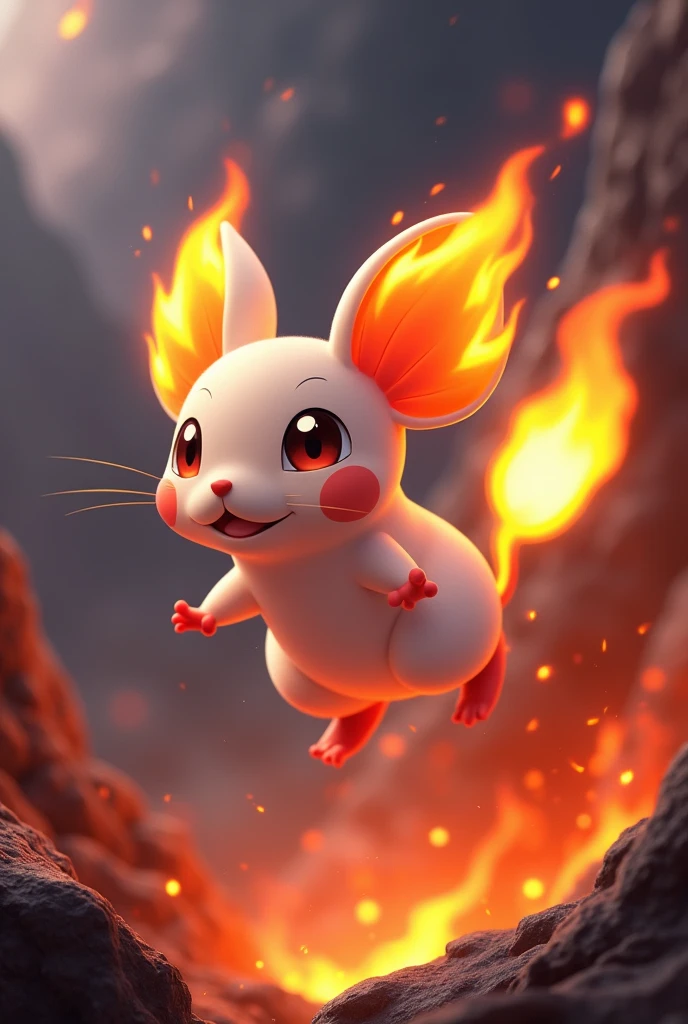 A Pokemon-style mouse that has a flaming tail and glides where its natural habitat is a volcano and has large fire ears with Pokemon-style eyes.