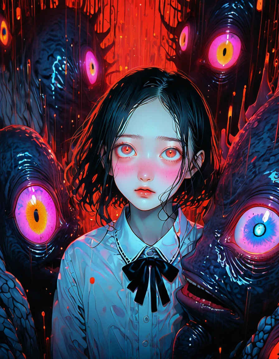 surreal horror, anime style, directed by Junji Ito, high contrast, vivid colors, eerie atmosphere, psychological tension, intricate line work, nightmarish creatures