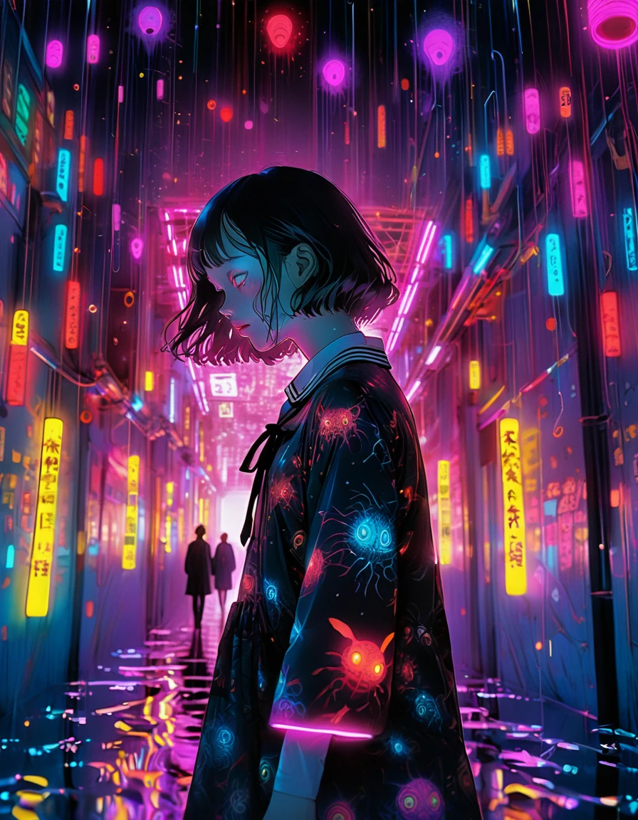 surreal horror, anime style, directed by Junji Ito, high contrast, vivid colors, eerie atmosphere, psychological tension, intricate line work, nightmarish creatures