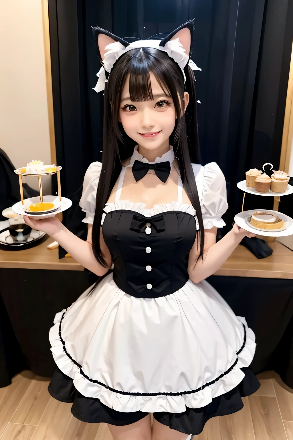 Cat ears in a maid outfit, kawaii cute, idol face, black medium-long hair, welcoming the master, background, table with tea set, anime style, anime art, flat anime, natural anime face, well-proportioned face, perfect beauty, beautiful woman, slightly innocent woman, accurate expression, happy smiling face, full body style, anime style