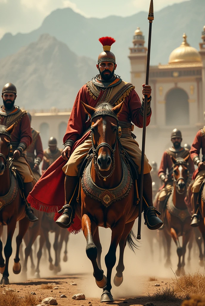 Military leader , Ethiopian warrior with many armed men on horses marching towards the Ethiopian palace in the year 1920