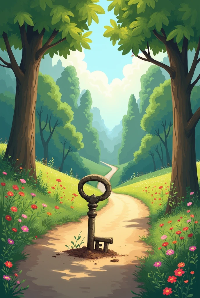 A relaxed illustration of nature with a key stuck in the ground on a road surrounded by trees and flowers in bloom.