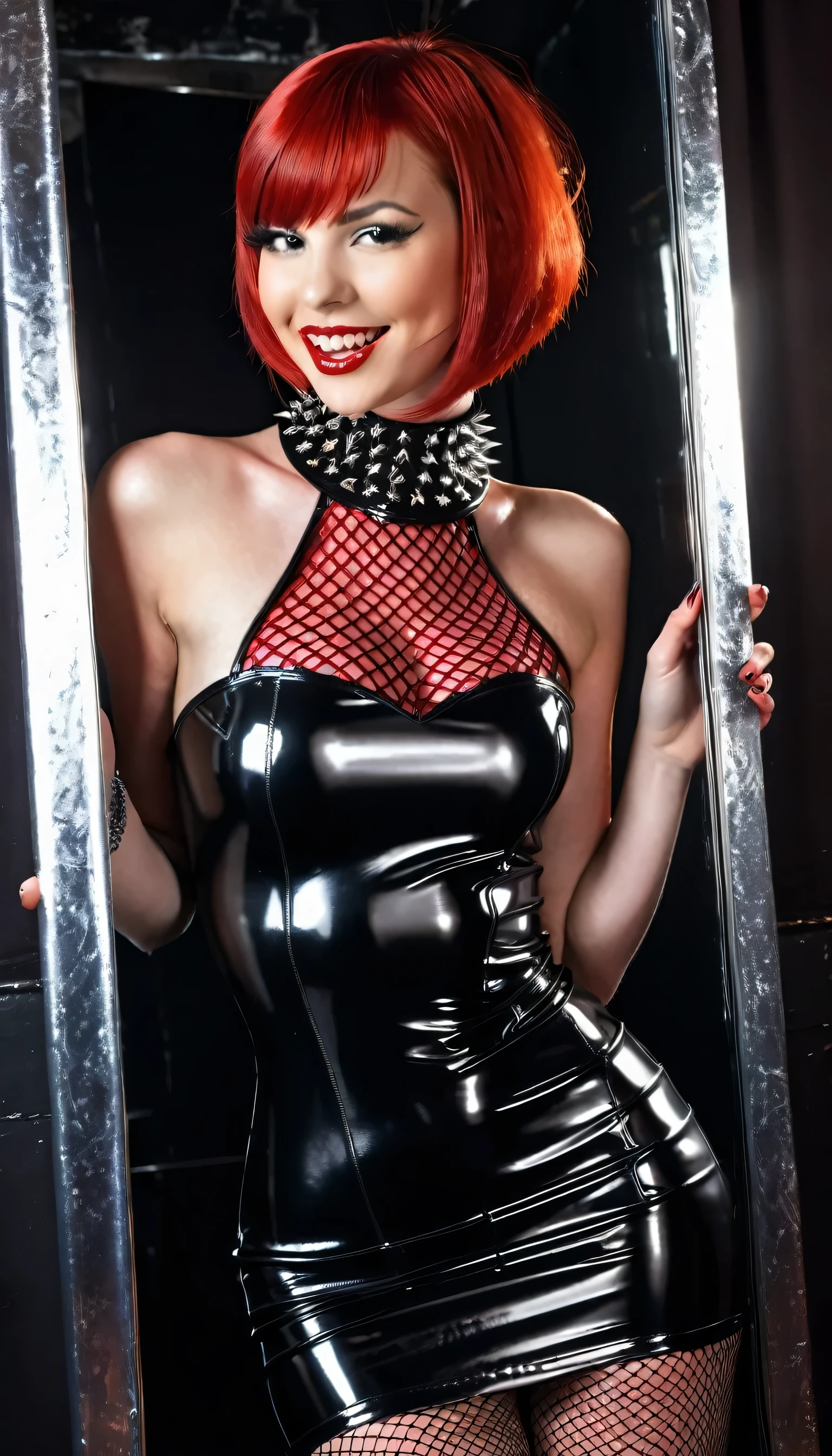 a lascivious young lady with long, stylish short red haircut. highly detailed face. provocative smile, provocative posing. athletic body. amazing bosom. short tight red strapless latex-dress. shiny. silver spiked Accessories. black spiked collar. fishnet-tights. licking a mirror in the spotlight inside of a black and silver fetish-room. night. moonlight. extravagant make-up. she is very lascivious and seductive. highly detailed, high quality. foto with Canon EOS 5D Mark IV