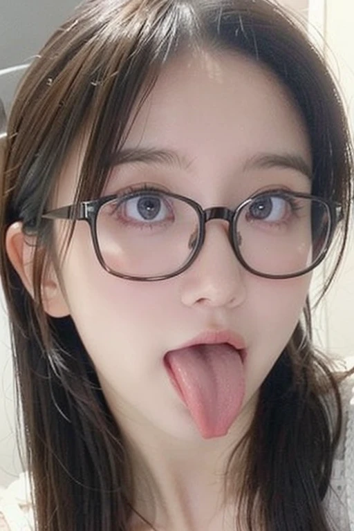 woman, beautiful girl, 、 , Realistic skin of the highest quality, Eyes are focused, 20-year-old, Sticking out tongue, Focus on the mouth, Open your mouth, Long Tongue, saliva, Open your mouth , You can see inside the mouth, Open your mouth Sticking out tongue, Realistic tongue、Provocative eyes、look up、attractive、Wearing glasses