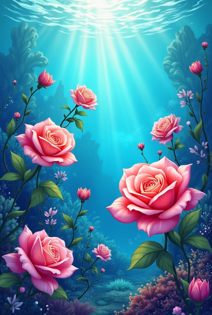 Make a coloring drawing that has some roses inside the sea, highlighting the sea and the roses. And also making it clear that the roses are inside the sea 
