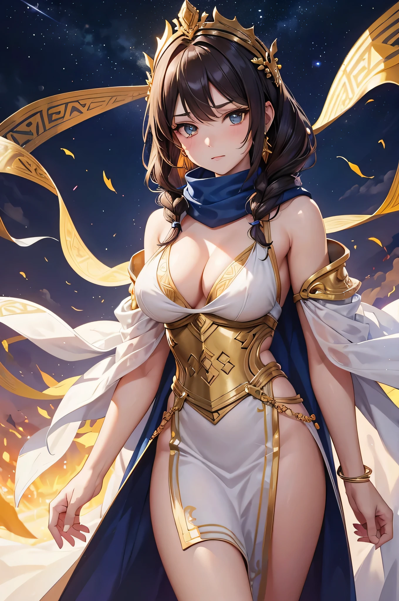 all intricate details, Sexy angle, 3 girls view. Nefertari: It has an elegant and regal appearance. Her long, dark hair is braided with golden beads and adorned with ostrich feathers.. He wears a white linen tunic with gold embroidery and a royal blue linen cape.. Phenotype: His almond-shaped eyes are an intense amber color., and his skin is a warm tone, like desert sand, she is brave and strategic. Like a general, daughter, She is committed to protecting her kingdom. isis: It has a mysterious and ethereal appearance. Her snow-white hair flows down her back, and wears a long dress with magical symbols embroidered in gold thread. Phenotype: His skin is pale, almost translucent, and his eyes are a deep blue, like the night sky, She is a calm and thoughtful girl.. as a sorceress, She masters healing magic and is protective of those around her.. Sometimes, his gaze seems to traverse time and space. Amara: Has an adventurous look, Her brown hair is pulled back into a messy ponytail., and wears a silk scarf to protect herself from the desert sun. Phenotype: His green eyes shine with curiosity, and his skin is tanned by the sun, She is curious and brave, as an archaeologist, is fascinated by ancient secrets and forgotten tombs Sekhmet: She is an imposing girl with a perfect and fierce body.. Her flame-red hair is braided with gold beads and adorned with lapis lazuli jewelry.. Phenotype: Her golden eyes seem to reflect the inner fire of her warrior spirit but she is passionate and temperamental so she likes to walk showing her body as much as possible to the point of being naked.. As leader of the rebels, fight oppression with ferocity, She is also a professional seductive girl