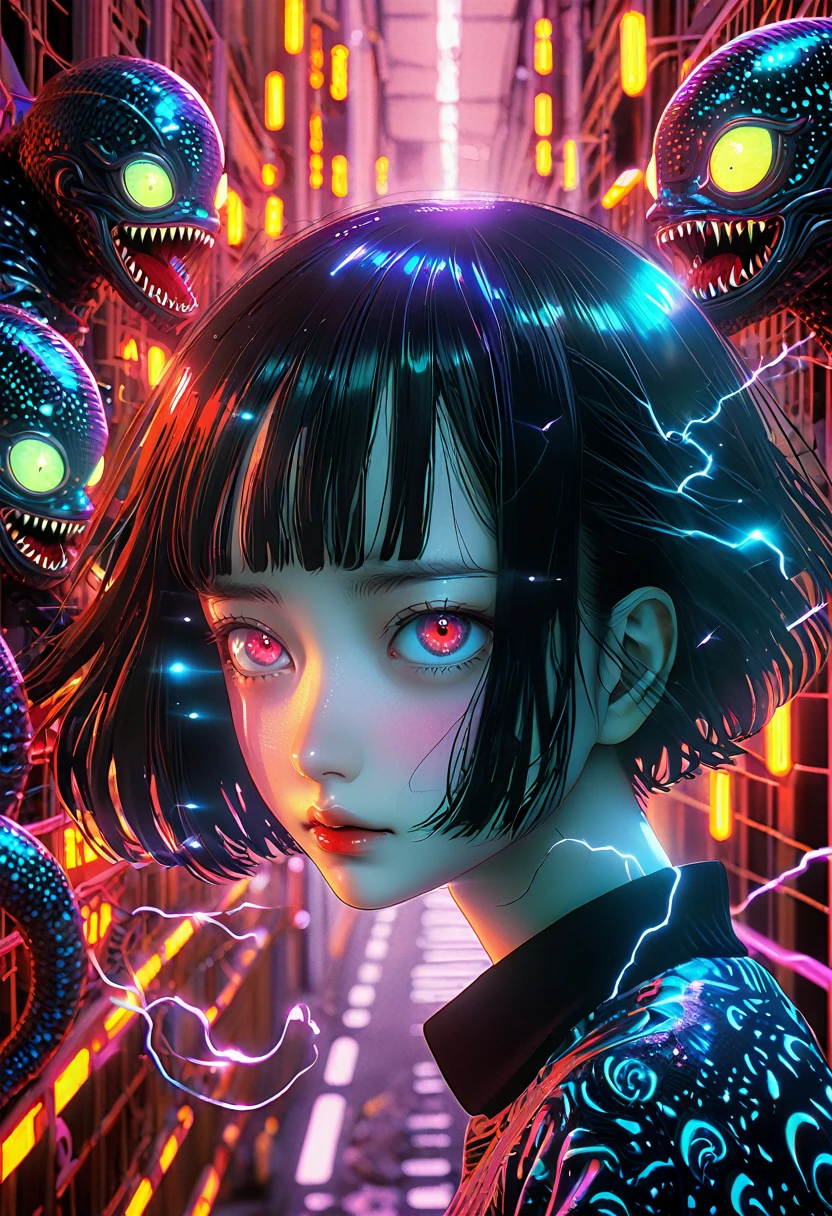 surreal horror, anime style, directed by Junji Ito, high contrast, vivid colors, eerie atmosphere, psychological tension, intricate line work, nightmarish creatures