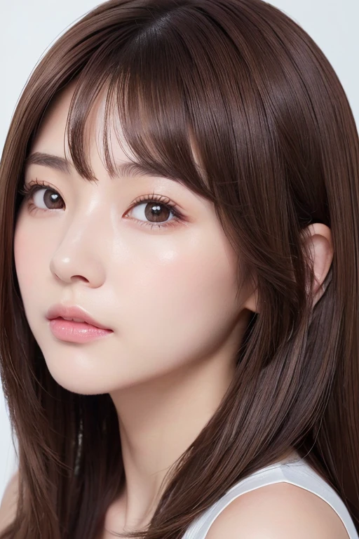 High-quality, ultra-realistic portraits。(She has a long face、It has a long vertical profile)。((The eyes are round at the corners、The corners of the eyes are long and narrow.、The nose is high and well-defined.、The tip is rounded。The lips are sharp both above and below.、The mountain has a clear shape))。The skin is transparent、Has a healthy glow。((Brown Hair:1.6、Less hair volume:1.3))。Makeup is natural、Thinly applied to enhance the skin&#39;s natural beauty。The lighting is soft and natural.、Accentuating facial features、Does not emphasize shadows。The background is simple and has a blurred gradient.、Focus on the face。