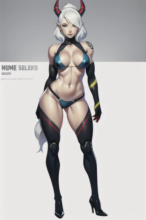 a drawing of a woman with horns and a bikini top, cables on her body, anime character; full - body art, anime mulher full - body art, cyborg - girl with silver hair, full character body, full body illustration, painted and colored, full body details, full body concept, detailed full body concept, full body female, body detailed, top half of body