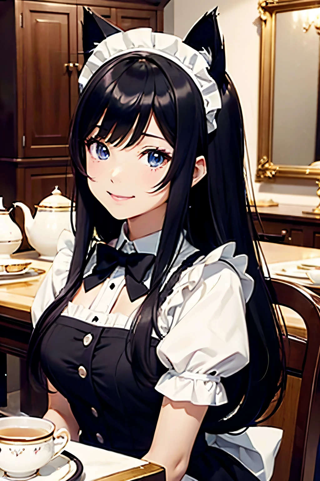 Cat ears in a maid outfit, kawaii cute, idol face, black medium-long hair, welcoming the master, background, table with tea set, anime style, anime art, flat anime, natural anime face, well-formed face, perfect beauty, beautiful woman, slightly innocent woman, accurate expression, happy smiling face, full body style, anime style, background, tea set, large mansion, gorgeous house