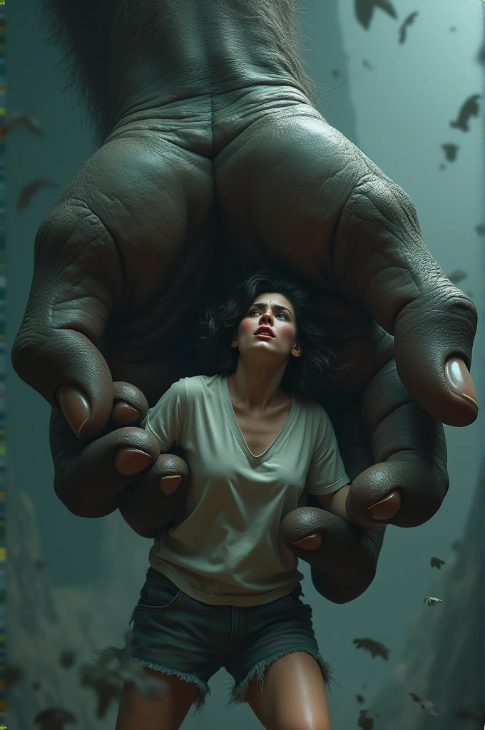 A woman being grabbed by a giant hand