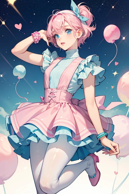 Candy Sweets is a light skinned girl with pale blue eyes and pink lips. Her pale pink hair is styled in a short pixie cut with curled bangs and forelocks framing her face, worn with a pale blue headband that has a bow on the side. She wears a pink turtleneck dress with the skirt in two cotton candy layers and a matching, curled heart with pale blue accent on the chest. She wears cotton candy bracelets and shoes, paired with white tights. SPARKLE; GLITTER