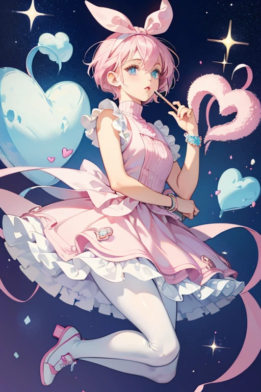 Candy Sweets is a light skinned girl with pale blue eyes and pink lips. Her pale pink hair is styled in a short pixie cut with curled bangs and forelocks framing her face, worn with a pale blue headband that has a bow on the side. She wears a pink turtleneck dress with the skirt in two cotton candy layers and a matching, curled heart with pale blue accent on the chest. She wears cotton candy bracelets and shoes, paired with white tights. SPARKLE; GLITTER