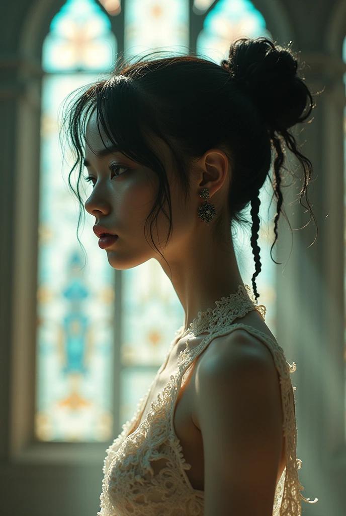 editorial photography,super detailed background,Super realistic,double exposure,depth of field,beauty super slender skinny vibes,soft focus tone,narrative scene,wabi-sabi,open lips,Afro cornrow hairstyle,multilayer structure exoskeleton female,geometric Art Nouveau,alphonseMucha style,At the cathedral stained glass,from below,japanese fashion model Nogizaka46,white skin,