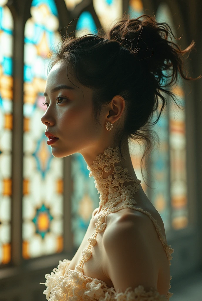 editorial photography,super detailed background,Super realistic,double exposure,depth of field,beauty super slender skinny vibes,soft focus tone,narrative scene,wabi-sabi,open lips,Afro cornrow hairstyle,multilayer structure exoskeleton female,geometric Art Nouveau,alphonseMucha style,At the cathedral stained glass,from below,japanese fashion model Nogizaka46,white skin,
