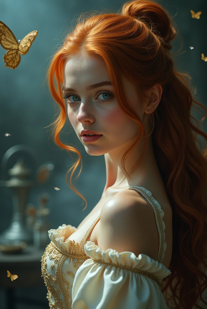 (solo, full body photo:1.3), (action packed:1.3), (haze, fog, mist:1.3), chiaroscuro, best quality, photorealistic, 1woman, (cute), (24yo:1.2), redhead, long ginger hair highly detailed, 1700'S, digital photography, art by artgerm and ruan jia and greg rutkowski surreal painting gold butterfly filigree, broken glass, (masterpiece, sidelighting, finely detailed Fashionable eyes: 1.2) (perfect oval large eyes that gazes at the viewer), beautiful detailed face, blue gorgeous perfect eyes, (blonde hair ponytail), (attractive young woman:1.3), (thick amazing hair), (seductive:1.1), (blushing:1.1)