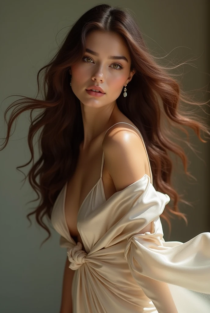 beautiful full body brunette woman in silk outfit