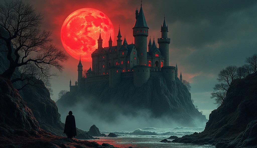 Dracula's castle. Cinematic 16k resolution masterpiece illustration painting consisting of oil, watercolors and ink. Occult conjuring witchcraft ouija spell alchemy. Kentaro Miura, Gustave Doré, Greg Rutkowski. Horror landscape, detailed background esoteric rituals, mystic cliff, green trees, rivers, waves, occult orphic. Frisco sky dark large full moon full of stars. Vibrant dark red and black palette, intricate motifs perfect composition insanely-detailed extreme-detailed hyper-detailed, volumetric deep rich colors, volumetric lighting shadows, Ray tracing, horror, Gustave Doré, Greg Rutkowski.