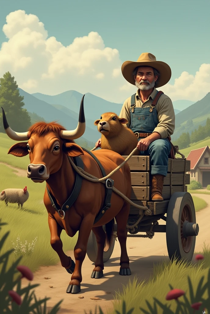 A farmer on a ranch with his capybara friend riding in a cart which is pulled by a bull