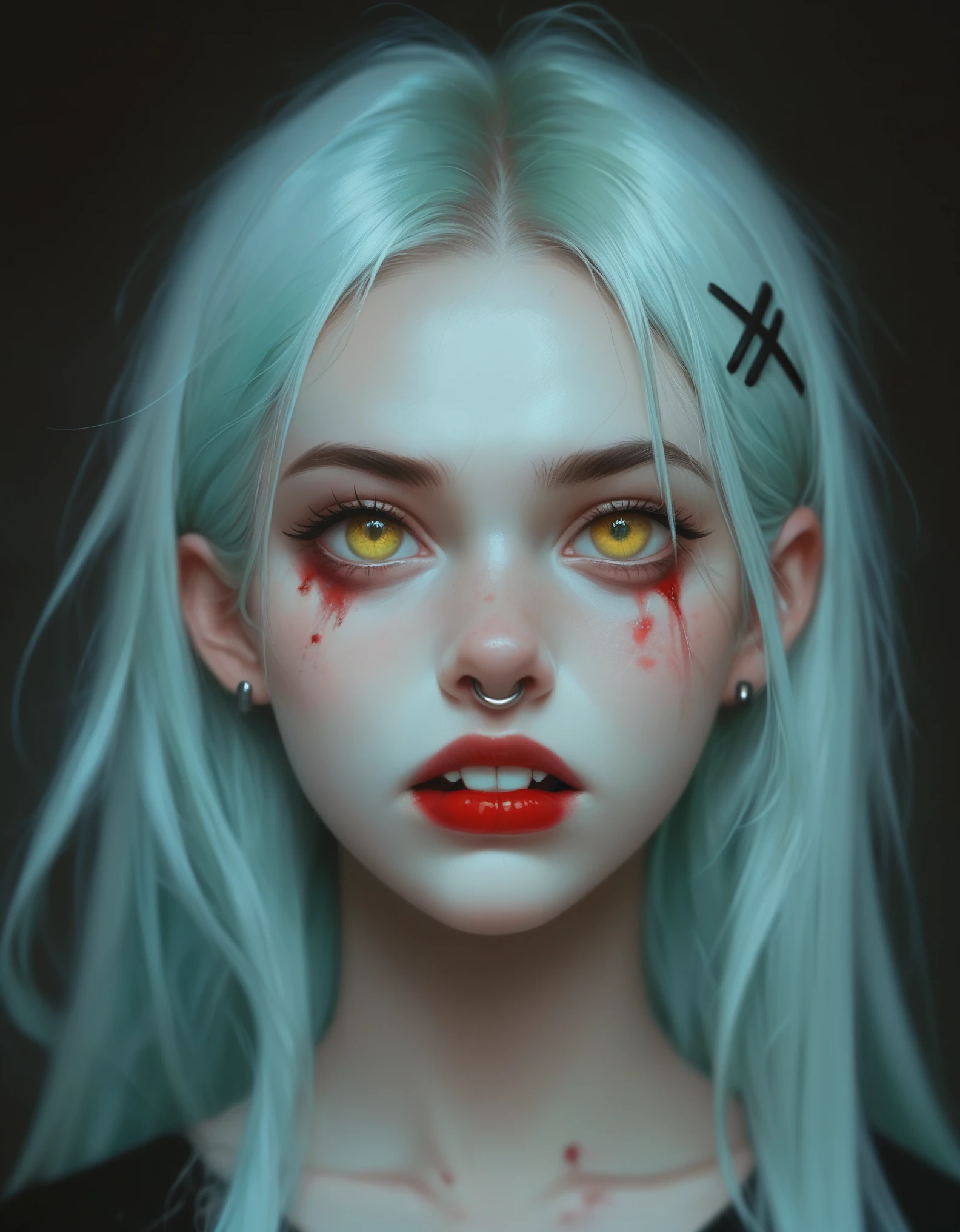 Digital illustration featuring a young woman with pale skin, light green eyes, and long, light blue hair adorned with black hairpins. She has a nose ring and multiple ear piercings, and her face is marked with blood streaks. The background is dark, and she is accompanied by a menacing black wolf with glowing yellow eyes and sharp, exaggerated teeth. The wolf's head is positioned close to her, creating a sense of eerie companionship. The overall style is dark and gothic, with a focus on contrast and dramatic lighting. In the bottom left corner, the text "ArtVision1999" is emblazoned in a bold, blood-red font, adding an extra layer of mystery to the ominous scene.