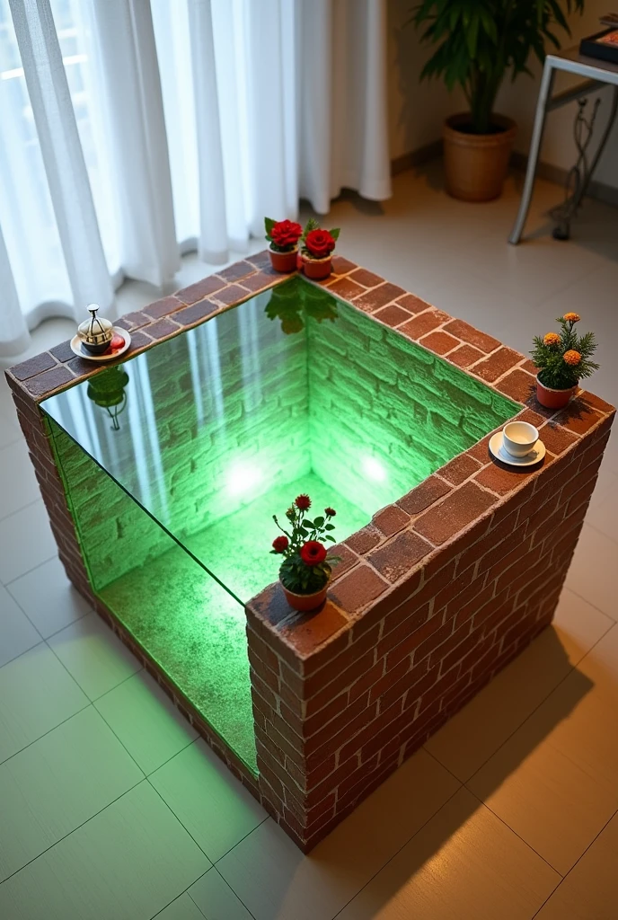Small square coffee table handcrafted, featuring a reflective glass top that creates a stunning visual effect inside that resembles a tunnel, a deep, endless well, lit from the inside with warm green LED lighting.. The sides are covered with brick wallpaper that simulates the look of 3D textured wallpaper.. The table is decorated with simple decorations such as small flowers, a cake and accessories containing a red rose and a cup of tea. . The table is placed on a light-colored wooden floor.. The table design combines simplicity and elegance with a touch of modernity, making it a distinctive piece of art in any room or living room.