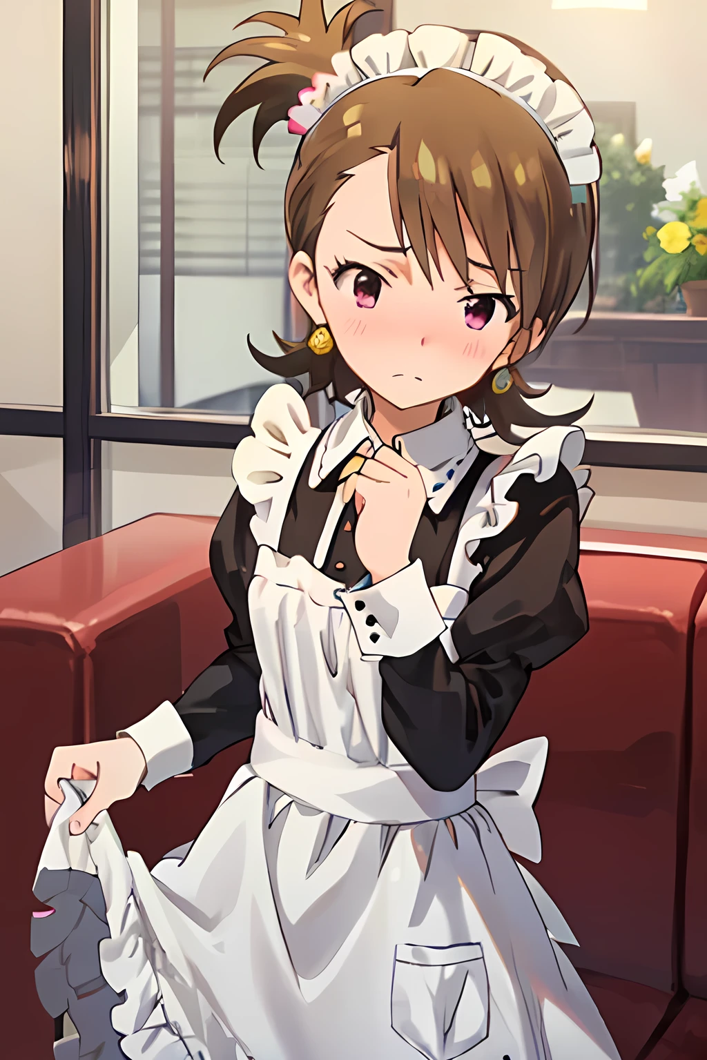 ami futami、UHD、maid dress、cowboy shot、blushing、nervous face、8k