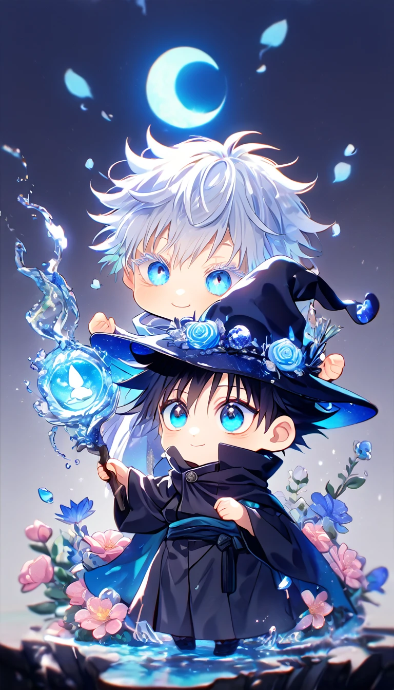 absurdres, highres, ultra detailed, HDR, master piece, Gojou Satoru chibi, white hair with bangs, white eyelashes, expressive blue eyes, Fushiguro Megumi chibi, black hair, expressive blue eyes, expressive blue eyes, Jujutsu Kaisen, magical hat, cute, best quality, blue moon, flowers, fantasy, magical, two boys hugging, yaoi, gay couple, water, blue shining fireflies, blue petals, cape, smiling