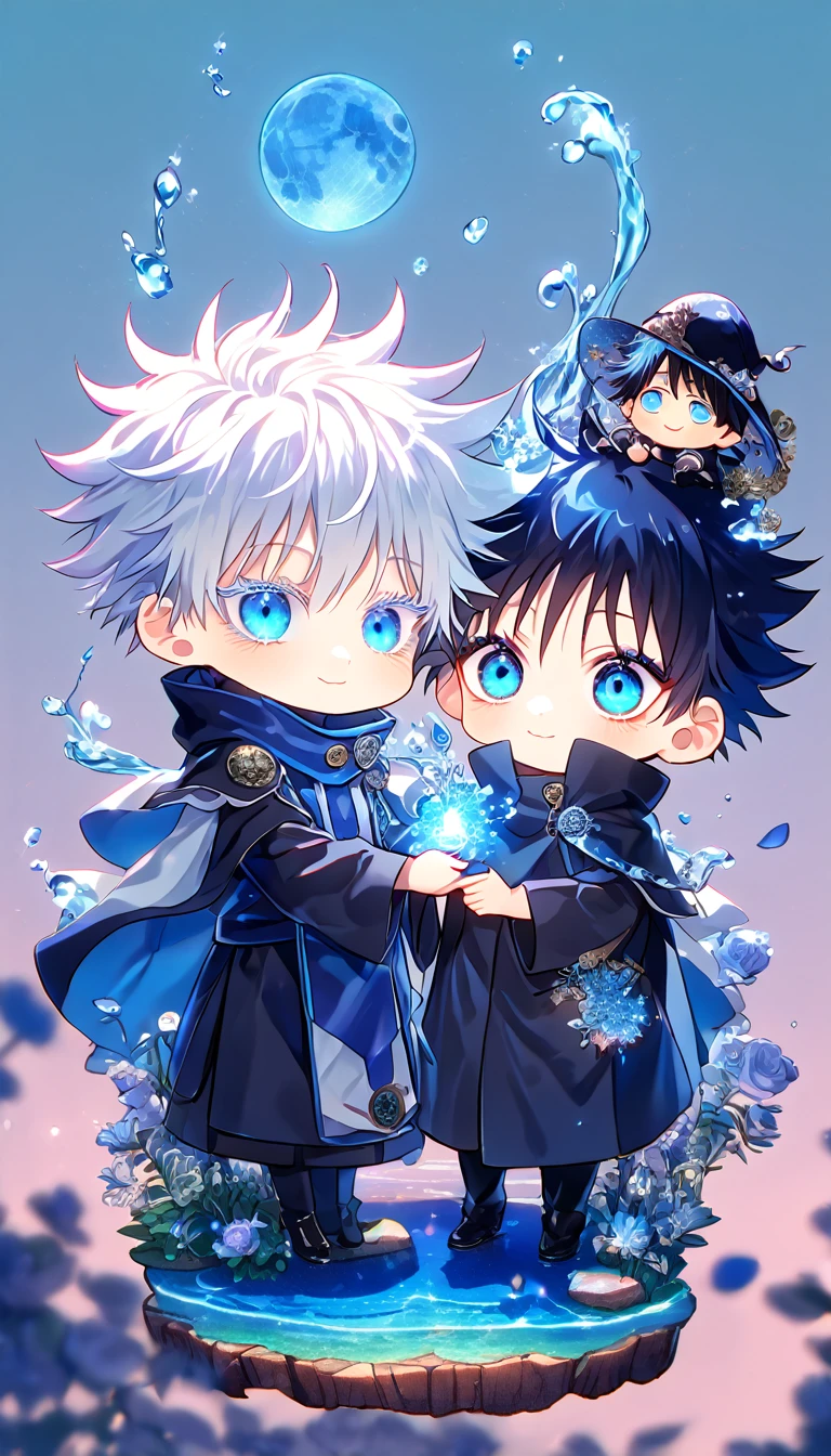 absurdres, highres, ultra detailed, HDR, master piece, Gojou Satoru chibi, white hair with bangs, white eyelashes, expressive blue eyes, Fushiguro Megumi chibi, black hair, expressive blue eyes, expressive blue eyes, Jujutsu Kaisen, magical hat, cute, best quality, blue moon, flowers, fantasy, magical, two boys hugging, yaoi, gay couple, water, blue shining fireflies, blue petals, cape, smiling