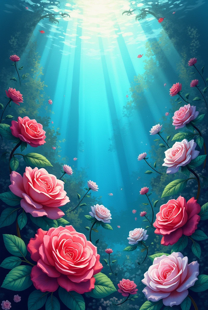 Make a coloring drawing that has some roses inside the sea, highlighting the sea and the roses. And also making it clear that the roses are inside the sea. With a perspective looking from above