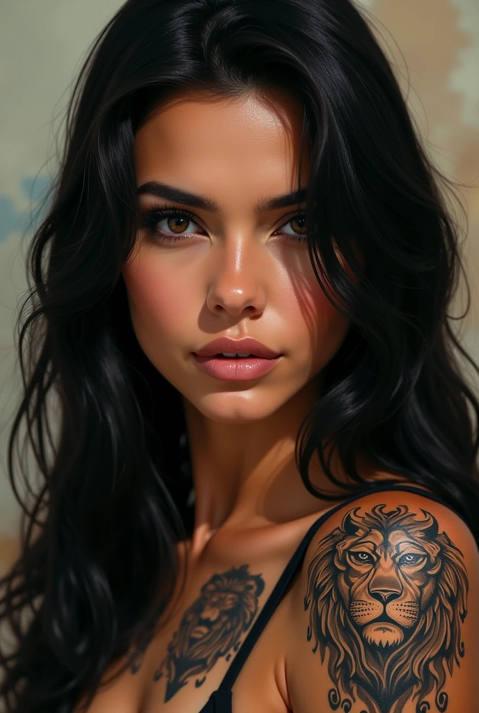American woman with Chicano tattoo and lion Chicano tattoo on face