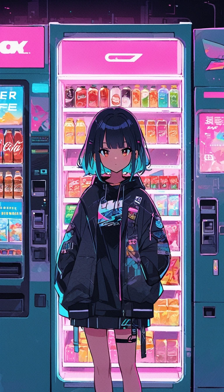 a close up of a person standing in front of a vending machine, artwork in the style of guweiz, modern anime style, inspired by Liam Wong, modern cyberpunk anime, josan gonzales, guweiz, e - girl, e-girl, inspired by Josan Gonzalez, digital cyberpunk - anime art, cyberpunk anime art, cyberpunk streetwear, anime vibes