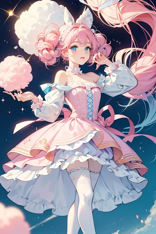 This version of Candy has fair skin with the same lip color and additional blush and eye-shadow. Her baby blue eyes have a small accent of pale pink, and her hair is pink and light blue, worn in large, tight curls. She wears a dark pink fluffy head piece with pale pink sheep ears and a pale yellow ribbon with dark pink fluff at the middle. Her outfit consists of a white and light blue horizontal stripe top with fluffy dark pink fabric around the shoulders and a pale blue skirt with cotton candy print and pink lace lining. Off center is a yellow ribbon. She also wears swirling white tights and pale blue shoes with pale yellow shoelaces and ribbon adorned by a dark pink cotton candy and pale pink sole with cotton candy heel. SPARKLE; GLITTER