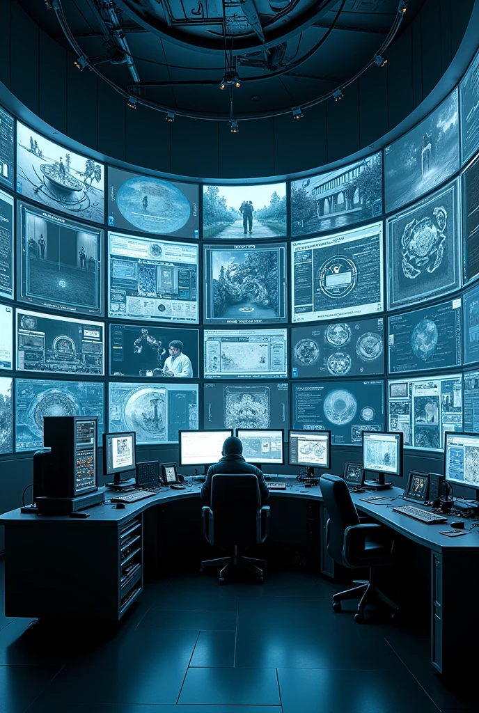 Create the image of a large room where all the walls are surveillance camera screens and in the center there is a desk with all kinds of things to hack.