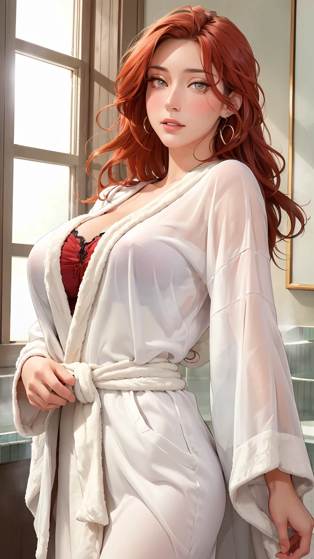 ((((masterpiece, best quality, high resolution)))), Extremely detailed 8K, Beautiful girl with voluptuous body, (Ultra HD, Ultra-detailed, Highly detailed, Highly realistic, Ultra-realistic, photograph realistic), (1girl:1.5), (Realistic red hair), (long wavy hair, hair ornaments, earrings), (dynamic poses), facing at camera, looking at viewer, (blushing red, rolling eyes, ahg), (hazel eyes, sharp eyes), (big perky breasts:1.2), (beautiful detailed face, beautiful detailed eyes), ((white bath robe)), (standing up), sweat, glow, (sunbeam, sunlight), ((cowboy shot)), bedroom