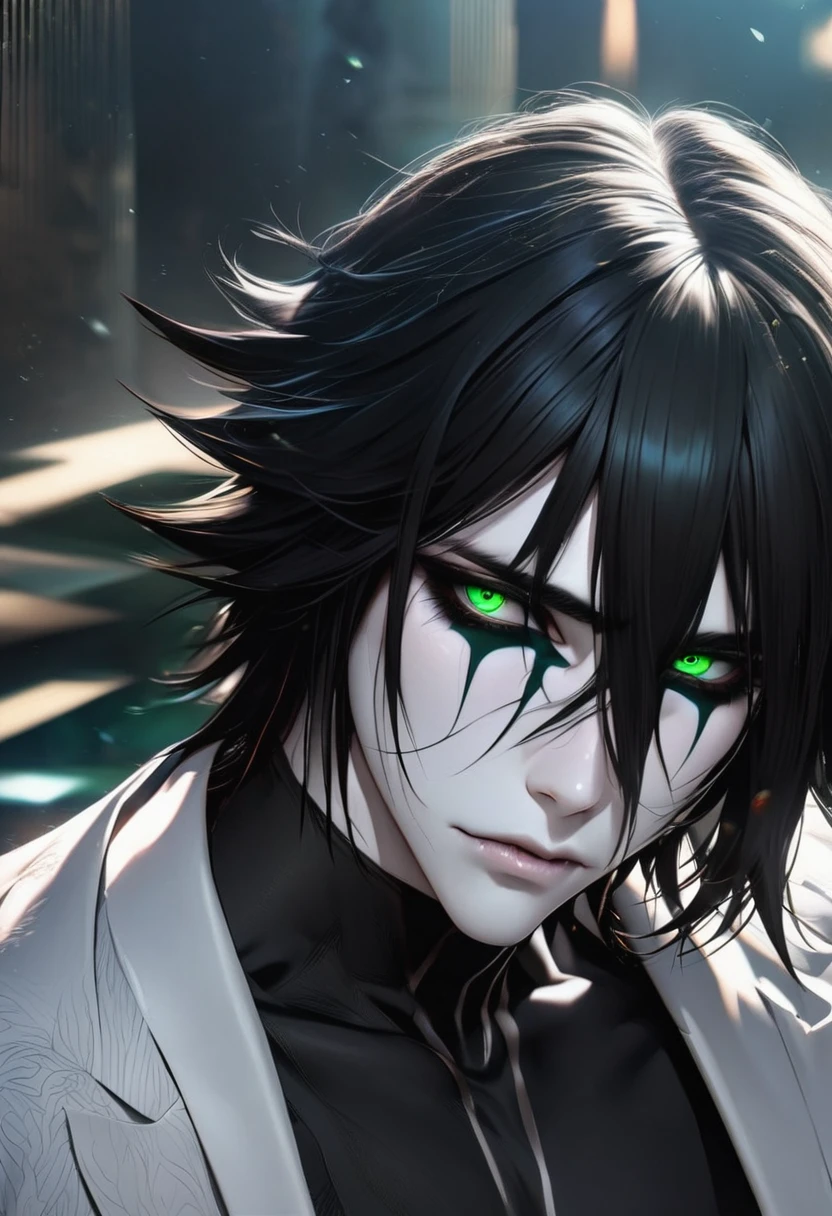 absurdres, highres, ultra detailed, HDR, masterpiece, extremely detailed face and eyes, perfect face, Ulquiorra Cifer, black hair, hair between the eyes, expressive green eyes, pale skin, Bleach, solo, sexy man, handsome, white coat, tight black shirt, patterns
