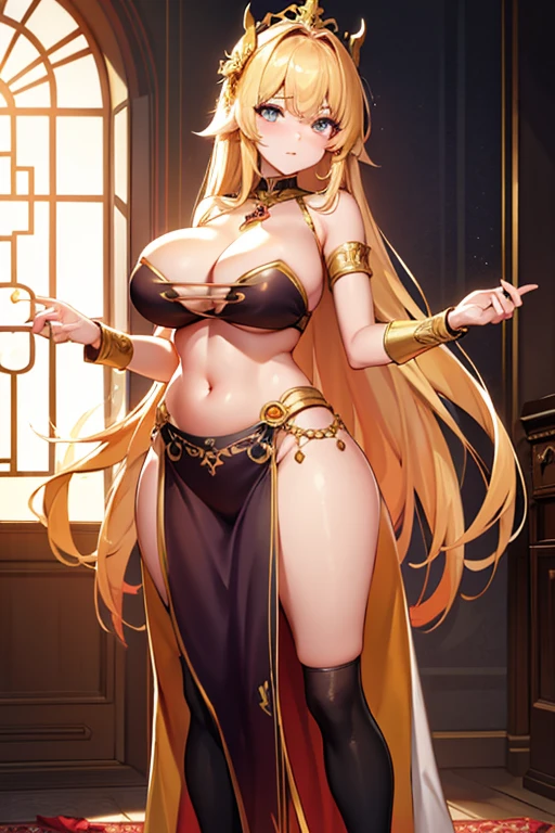 work of art, high qualiy, 4K, beautiful design, Ablaze, From the front, standing alone, 1 girl, dearness, lustrous, big boobies, handcuff, tecido Ablaze, jewel encrusted, visible belly , woman wearing a handcuff, posing inside a castle with oriental architecture, Golden Embroidery,  looking ahead at viewer 