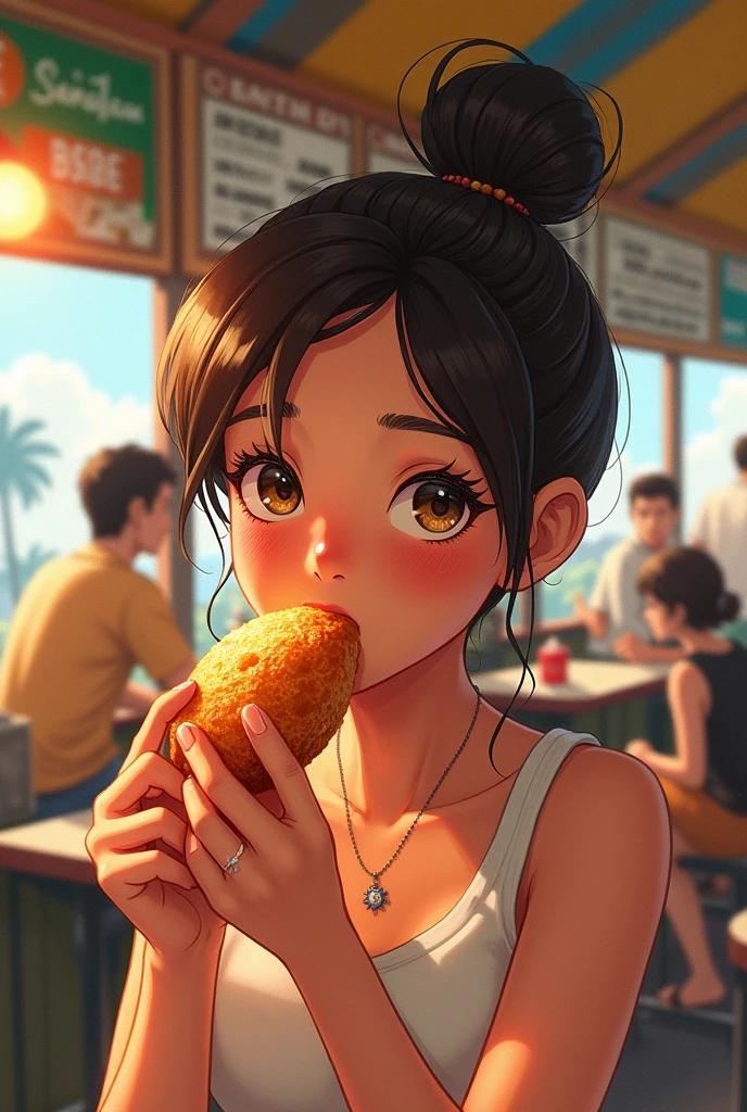 CREATE A DRAWING OF A GIRL EATING COXINHA IN A SNACK BAR