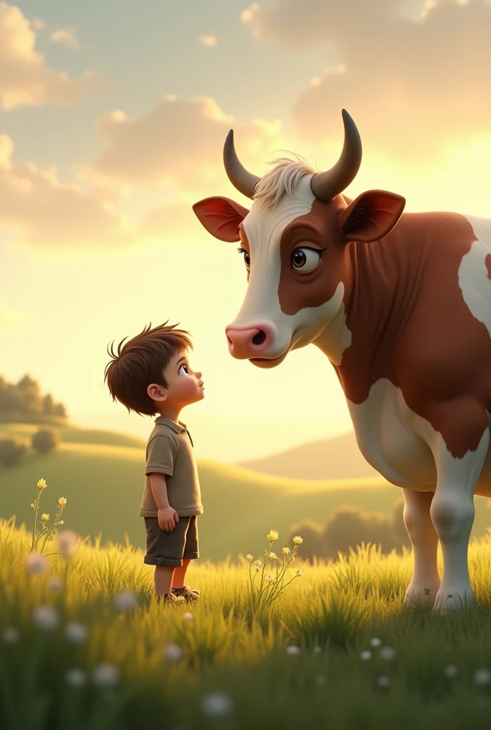 Create a picture of a little person next to a dairy cow, Let it be seen in real life and humanize it 