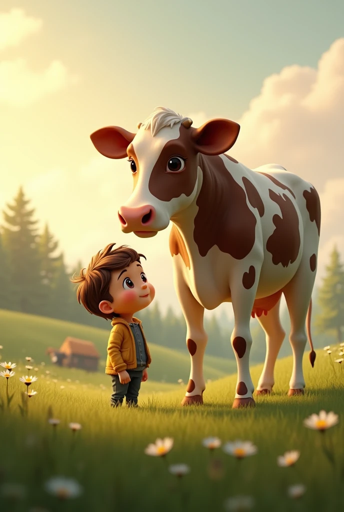 Create a picture of a little person next to a dairy cow, Let it be seen in real life and humanize it