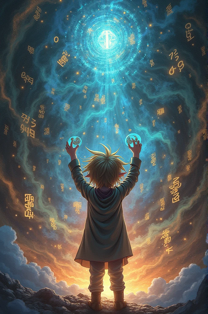 Create an image set in the world of YU-GI-OH of a child who is holding some parentheses in his hands and in the background there are numbers and letters