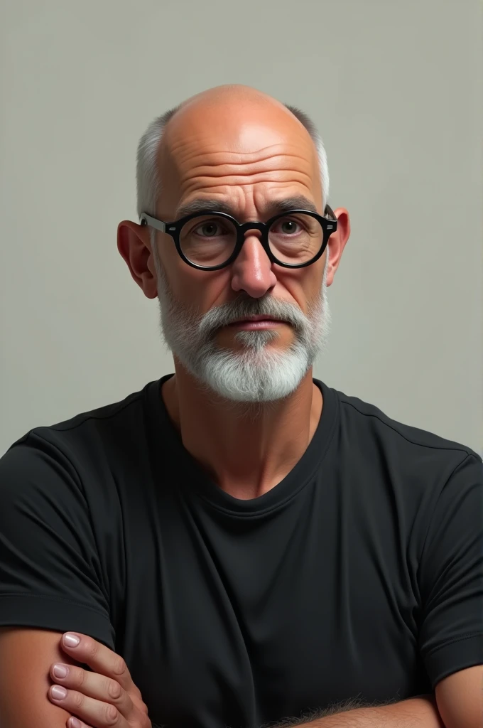 Caucasian man, baldie , white beard aquiline nose round glasses dark lenses thin lips black t-shirt, reading