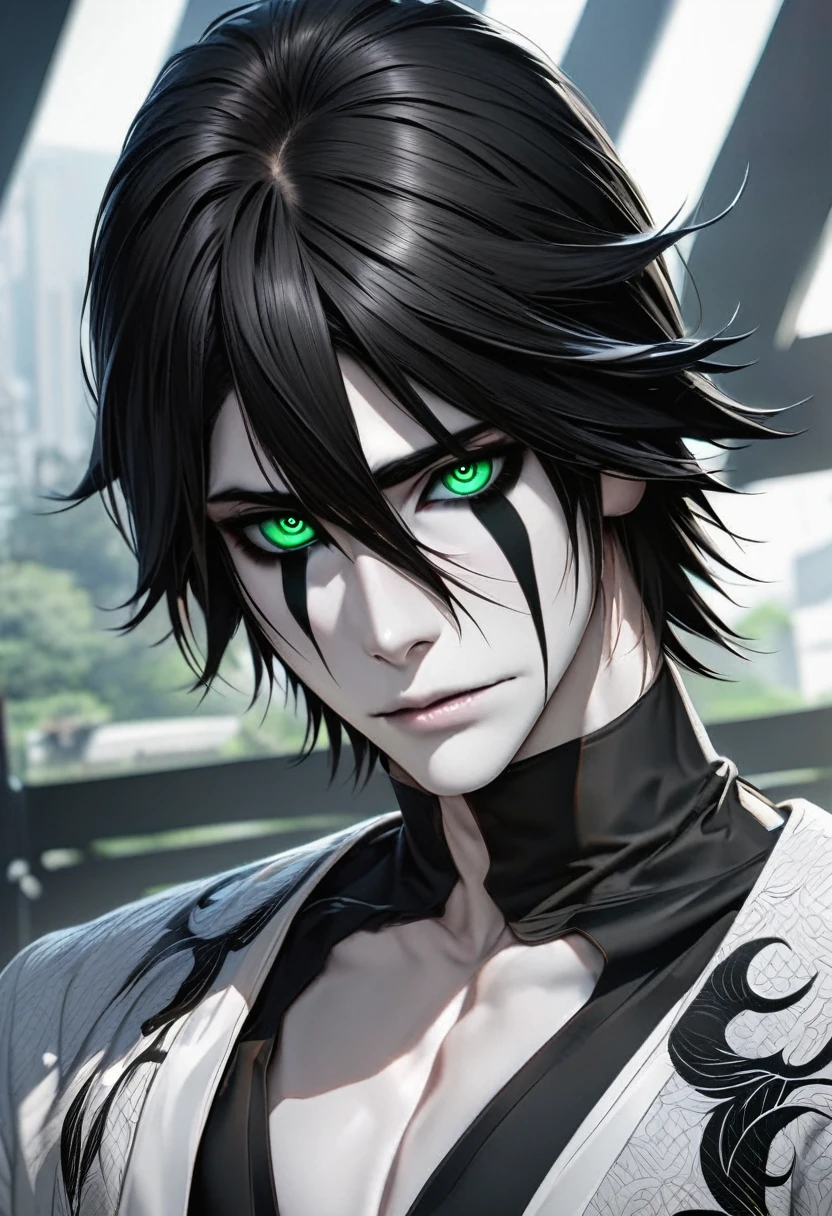 absurdres, highres, ultra detailed, HDR, masterpiece, extremely detailed face and eyes, perfect face, Ulquiorra Cifer, black hair, hair between the eyes, expressive green eyes, pale skin, Bleach, solo, sexy man, handsome, white coat, tight black shirt, patterns