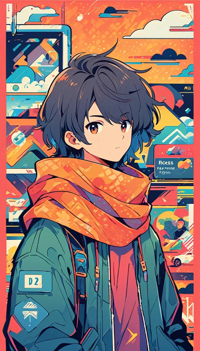 a poster of a man with a hoodie and a scarf, 2 d vector art, 2d vector art, ross tran style, phone wallpaper hd, 2d digital vector art, 2 d digital vector art, vector style, illustration style, digital art style, 2 d illustration, 2d illustration, striking detailed artstyle, anime art wallpaper 4 k