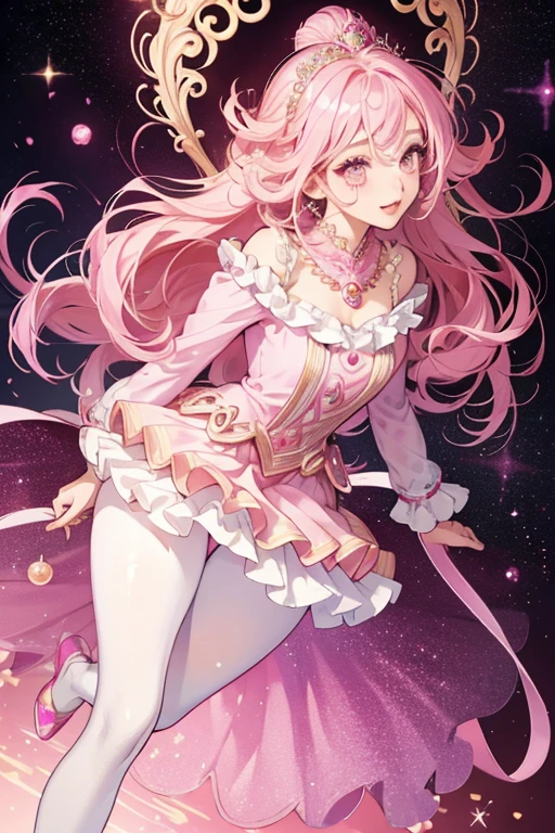 Chandelia has a fair complexion with pink lips and eyes. Her pale pink hair frames her face and flares out, with her thick bangs brushed to the right in one thick curl, and opposite of that is a magenta head piece. She wears a magenta glittery ornate dress and matching shoes, along with pearl pink tights. SPARKLE; GLITTER