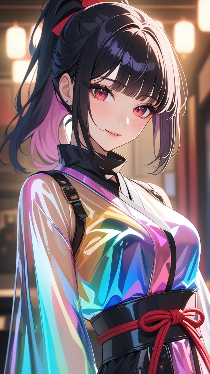 masterpiece, Highest quality:1.3, One person, Medium Hair, Black Hair, Blunt bangs, High Ponytail, Black headband, Black Mask, Japan Ninja Costumes, knife, Transparent and colorful vinyl clothing, Detailed face, Red eyes, Long eyelashes, Delicate facial features, Expressive Face,The best smile、 Detailed skin texture, Natural light, Vibrant colors, Cinema Lighting, Soft Focus, 非常に詳細なHighest quality,masterpiece,Transparent PVC clothing,Transparent Vinyl Clothing,Prismatic,Holographic,chromaticaberration,