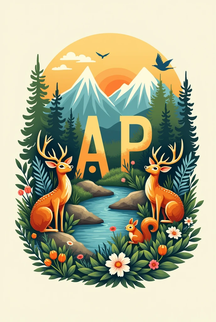 Generate an ASERCA nature logo with the initials AP and that has animals, flowers, mountains and more nature