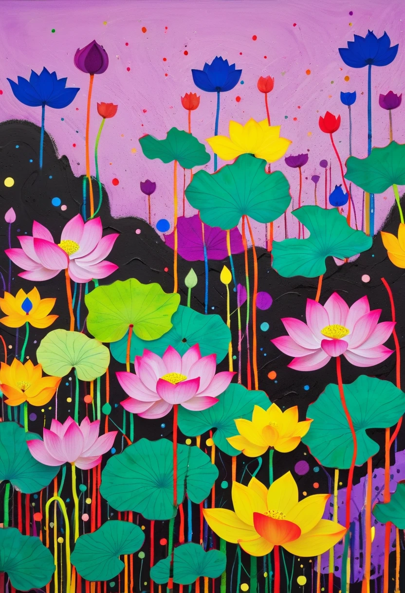 A painting,Inspired by Yayoi Kusama:(((Colorful black,Chalk painting,Oil stick painting,Volume,Thick coating,Uneven texture,Plaster texture,Graffiti,Dot)))。Colorful black,(((Upward shot of lotus leaves))), Bright colors, Purple和, cute的, Bright colors,cute, Lavender Color and Color Schemes, 和Purple的配色方案, Beautiful Art, Purple, Whimsical Art, 和Purple色调, Lime and Violet, Close together,, spring, Inspired by Tomokazu Matsuyama, Delightful