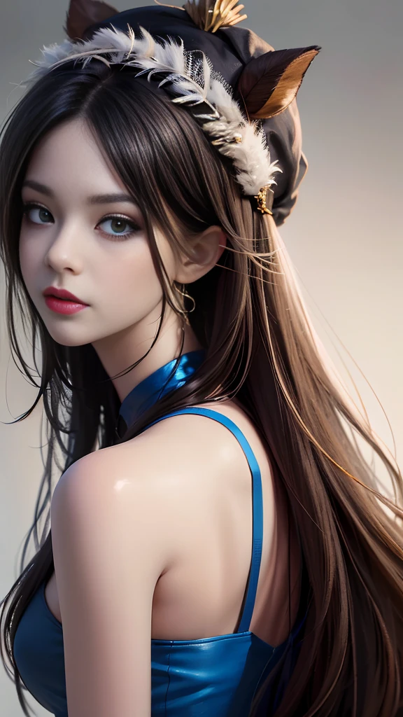 Drawing a woman with long hair and a feather hat, detailed portrait of anime girl, portrait anime girl, Artgerm. High detail, stunning anime face portrait, small breasts, digital anime art, art germ. Anime illustration, detailed digital anime art, anime girl portrait, Guvez style artwork, black clothing, realistic digital art 4k, realistic digital art 4k, realistic, aesthetic. sitting,
