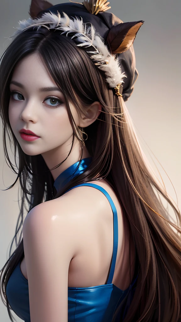 Drawing a woman with long hair and a feather hat, detailed portrait of anime girl, portrait anime girl, Artgerm. High detail, stunning anime face portrait, small breasts, digital anime art, art germ. Anime illustration, detailed digital anime art, anime girl portrait, Guvez style artwork, black clothing, realistic digital art 4k, realistic digital art 4k, realistic, aesthetic. sitting,